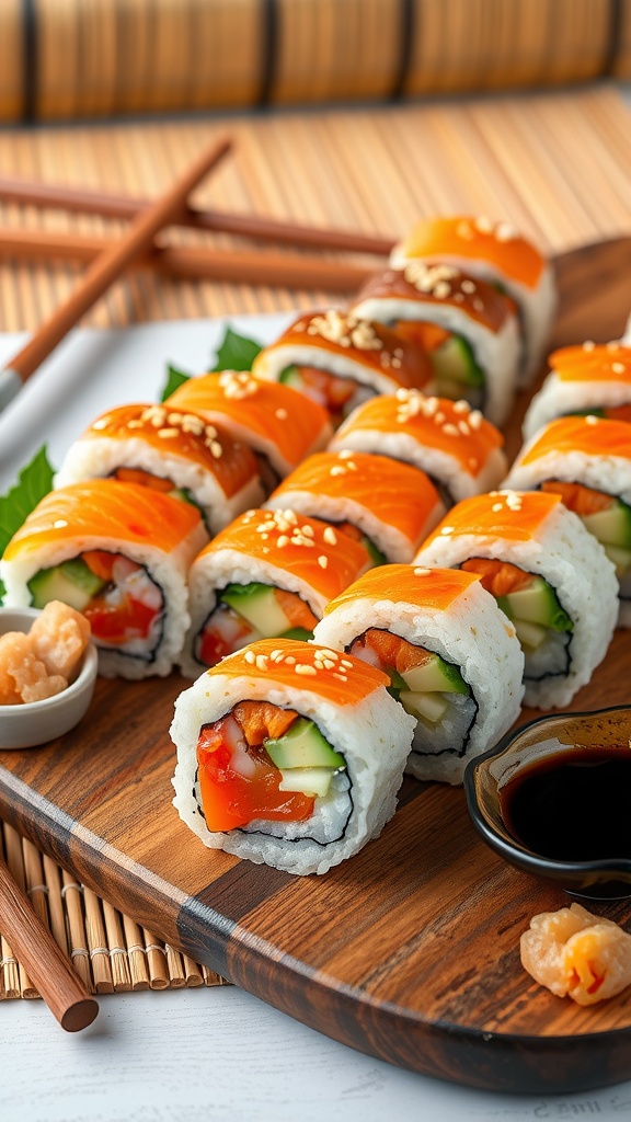 A beautifully arranged platter of sushi rolls filled with salmon, avocado, vegetables, garnished with sesame seeds on a bamboo mat.